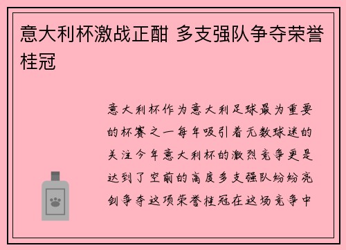 意大利杯激战正酣 多支强队争夺荣誉桂冠